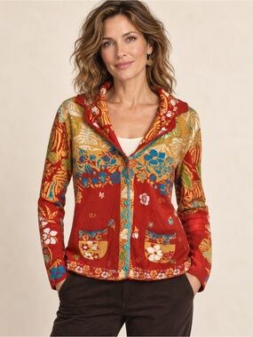 IVKO Floral Jacquard Cardigan Sweater Red Multicolor Cotton XL 42
